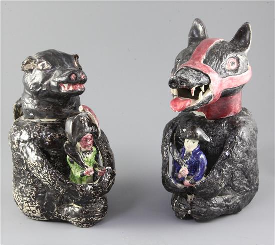 Two Staffordshire pearlware Napoleon and Russian Bear covered jugs, early 19th century, 24.5cm and 28cm, both with restorations and r